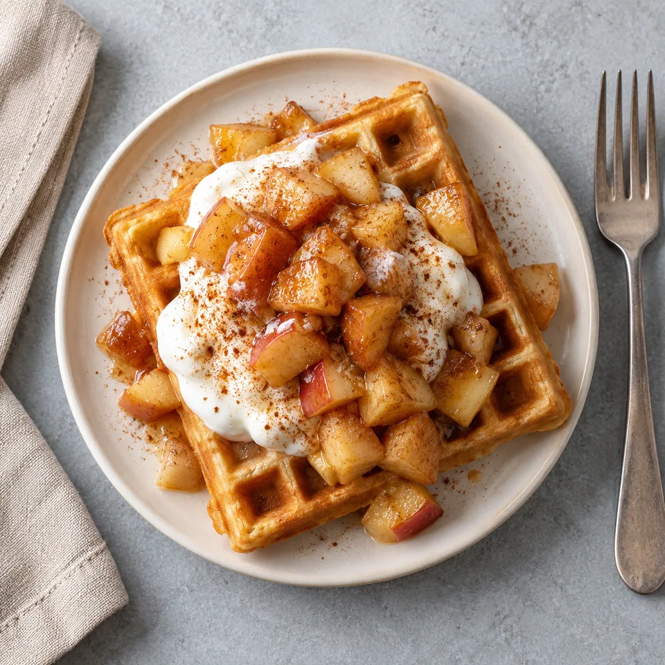 Gaufre à la cannelle avec pommes poêlées et fromage blanc sur assiette blanche
