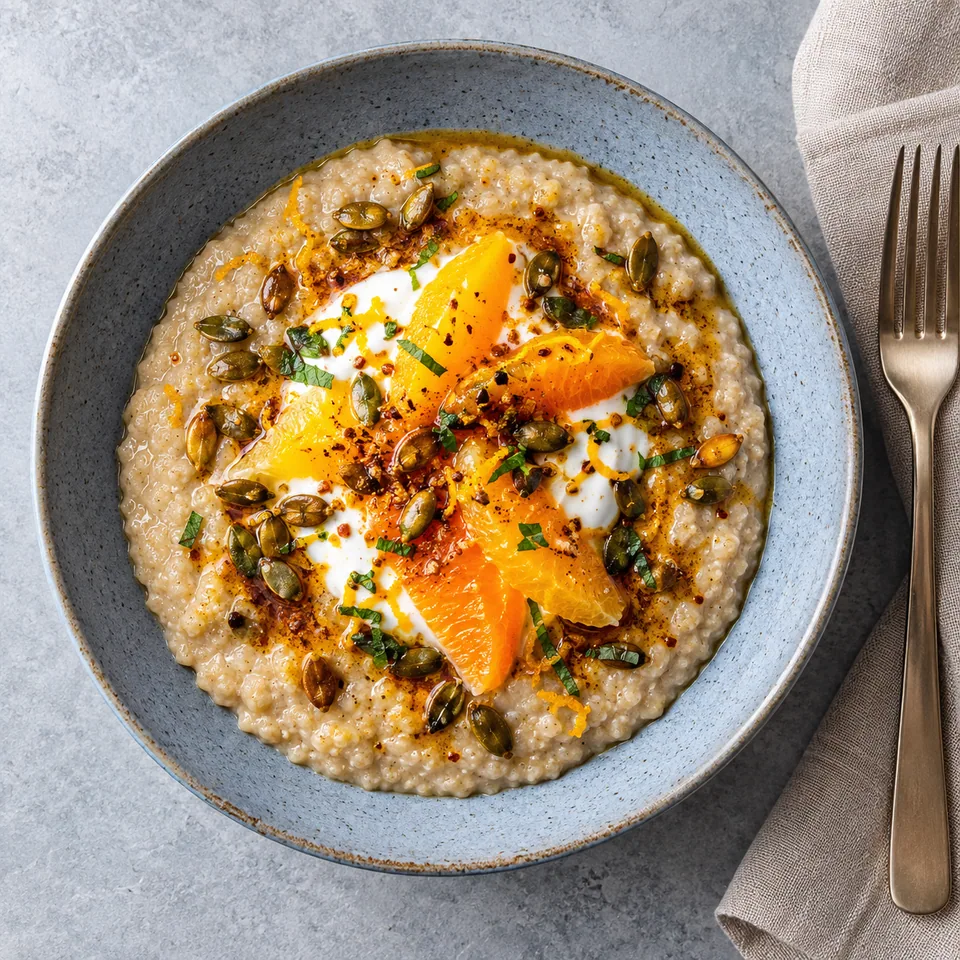 Genfo d’orge au beurre épicé et à l’orange : bouillie épaisse, yaourt orange et graines de courge dans une assiette creuse.