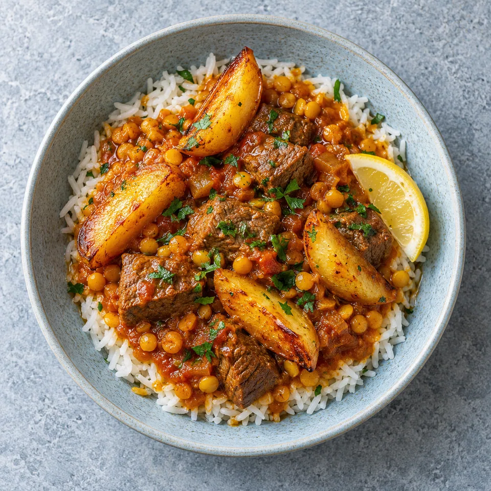 Gheimeh : riz, bœuf mijoté aux pois cassés et pommes de terre rôties dorées sur assiette bleue.
