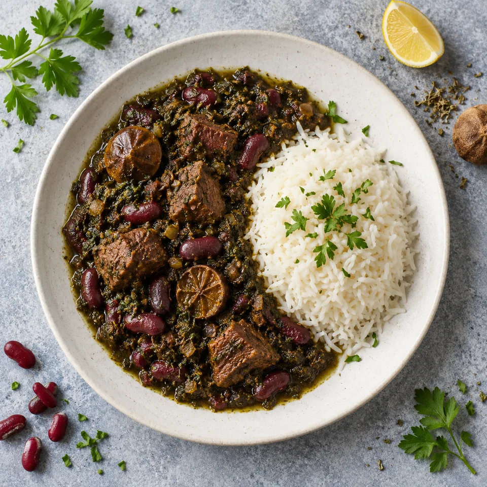 Ghormeh sabzi aux herbes et haricots rouges servi avec riz basmati sur assiette blanche