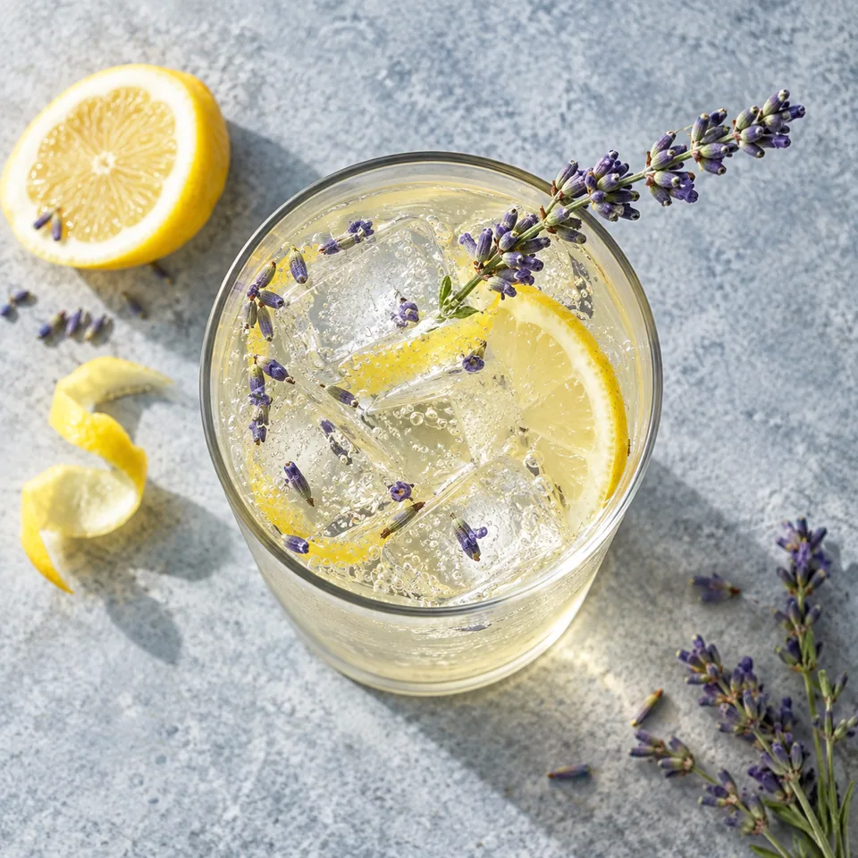 Gin fizz à la lavande et au citron dans un grand verre transparent avec glaçons et brin de lavande.