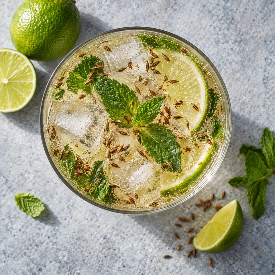 Gin soda au citron vert et cumin dans un grand verre transparent, garni de menthe fraîche et de glaçons.