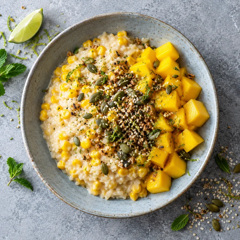 Portion de riz gluant au maïs et mangue dans une assiette bleu-gris, parsemée de graines dorées.