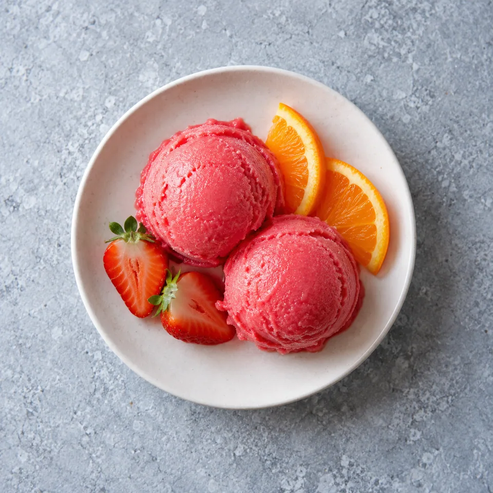 Deux boules de glace sorbet rose vif fraise-orange lisses sur une assiette blanche