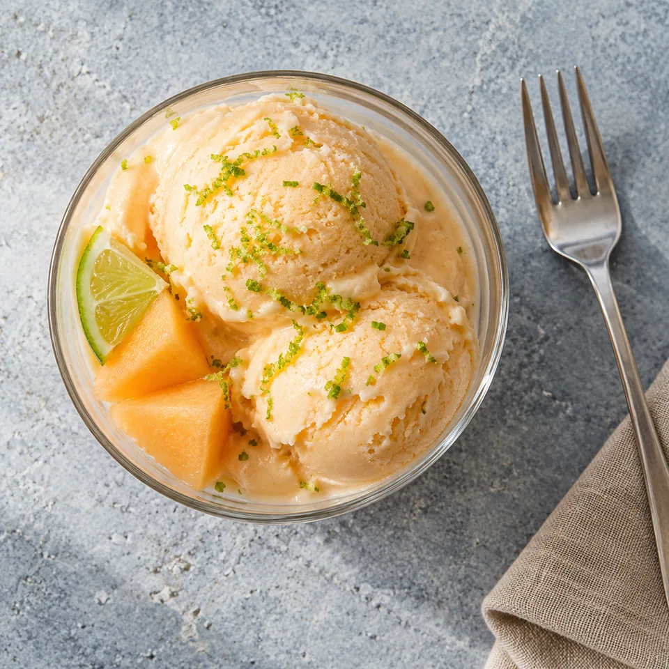 Glace express au melon et citron vert dans une verrine en verre, texture crémeuse beige clair avec éclats de zeste vert.