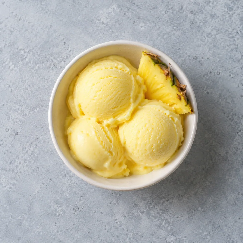 Glace minute au yaourt et à l’ananas dans deux ramequins blancs, texture lisse et couleur jaune pâle.
