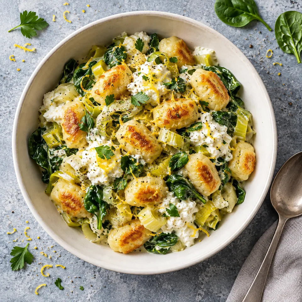 Gnocchis à la ricotta, poireaux fondus et citron dans un bol blanc cassé, garnis de zestes de citron.