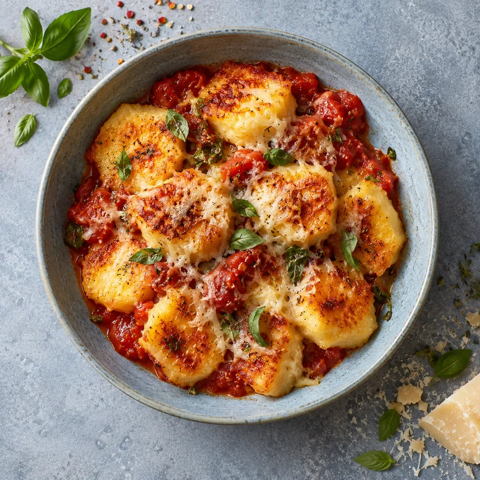 Gnocchis à la romaine : galets de semoule dorés et gratinés aux tomates sur assiette bleue.