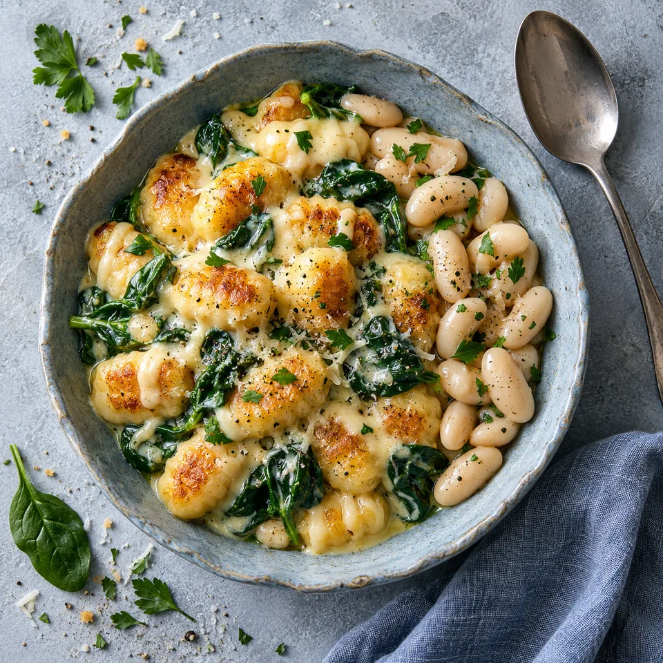 Gnocchis alla bava, emmental et épinards : gnocchis et épinards en sauce crémeuse dans un bol bleu-gris, accompagnés de haricots blancs.
