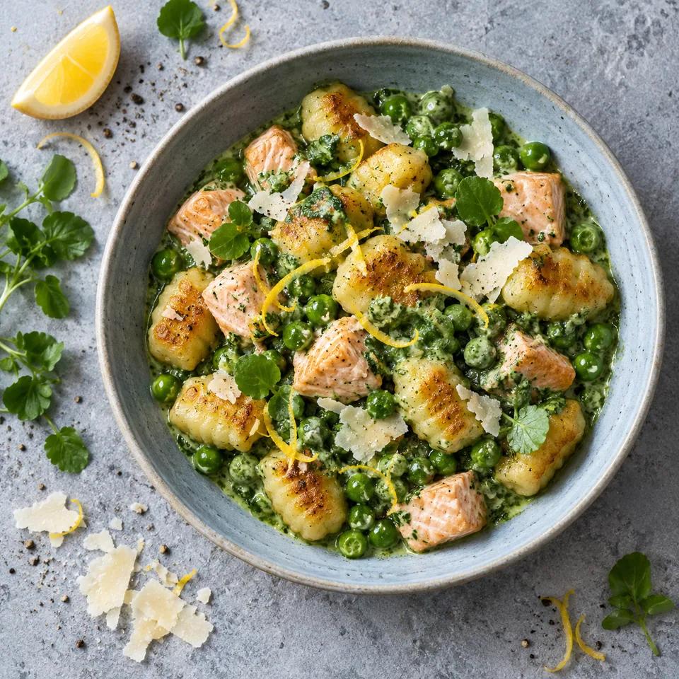 Assiette creuse bleu-gris contenant des gnocchis dorés, saumon, petits pois et sauce cresson, parsemé de parmesan et zeste de citron.
