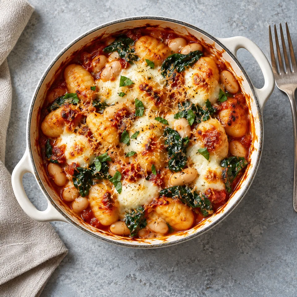 Gnocchis gratinés aux haricots blancs et mozzarella dans une cocotte blanche, sauce tomate et épinards, fromage doré.