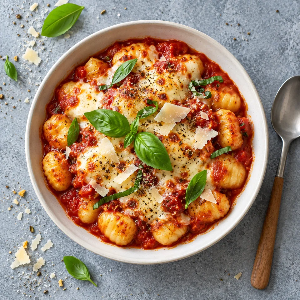 Gnocchis gratinés tomate-mozzarella dans un bol blanc, sauce rouge, fromage doré et basilic vert.