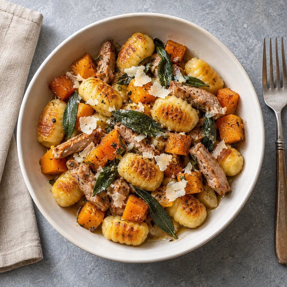 Gnocchis poêlés au porc, courge et sauge dans un bol blanc cassé, garnis de parmesan.