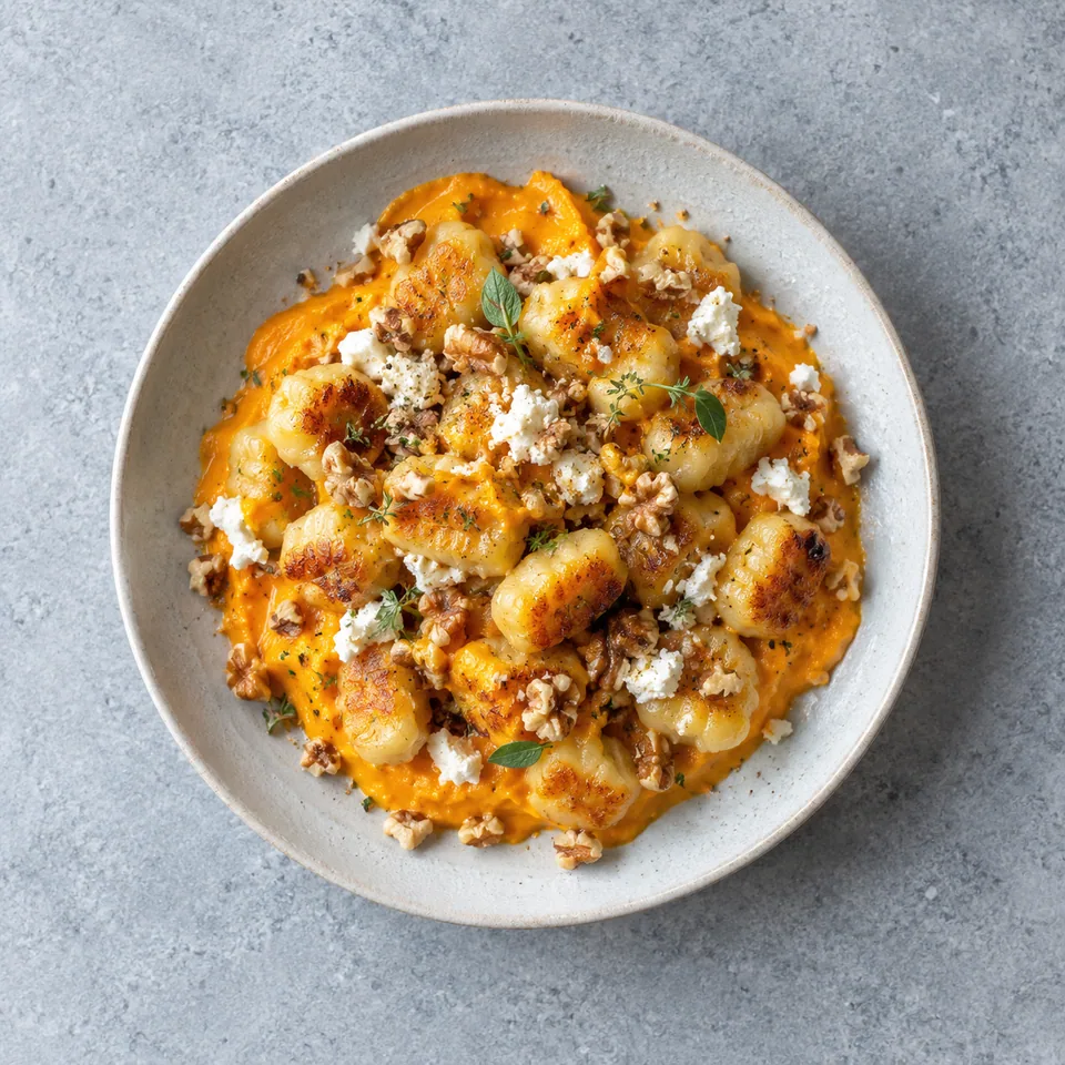 Assiette de gnocchis poêlés dorés nappés de purée orange au potimarron et chèvre, parsemée de noix concassées.