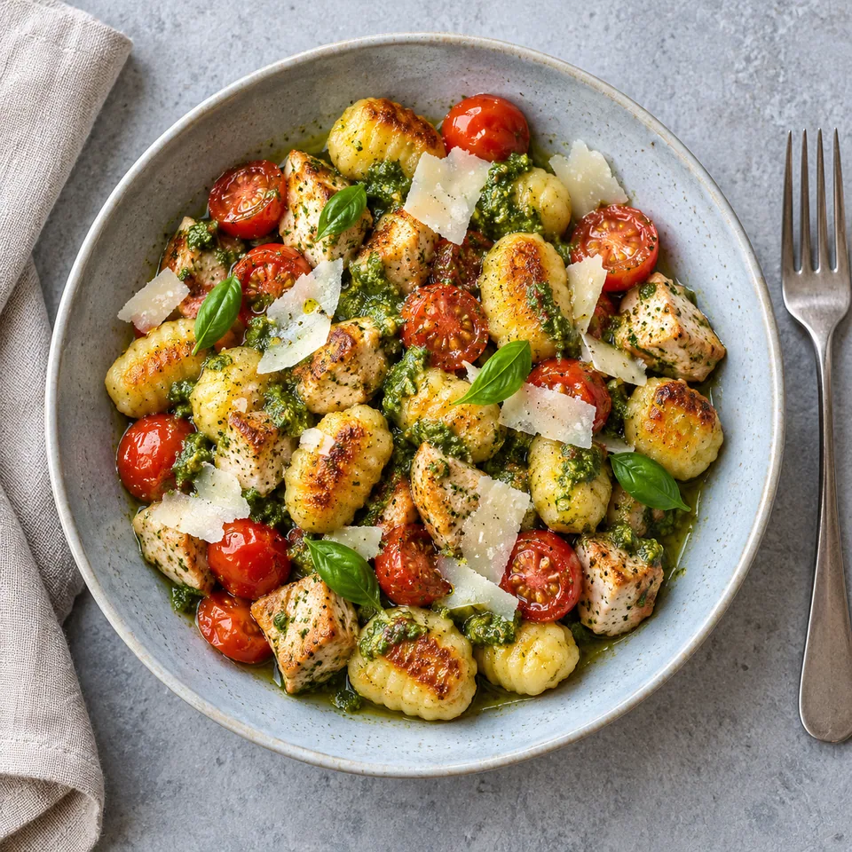 Gnocchis poêlés au poulet, pesto et tomates cerises dans une assiette creuse bleu-gris pâle.