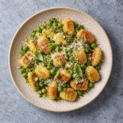 Gnocchis poêlés, petits pois et pesto