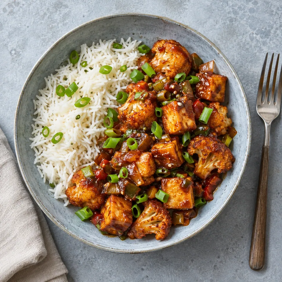 Gobi manchurian croustillant à l’air fryer : chou-fleur et tofu dorés nappés de sauce, oignons verts, servi avec riz basmati sur assiette bleue.