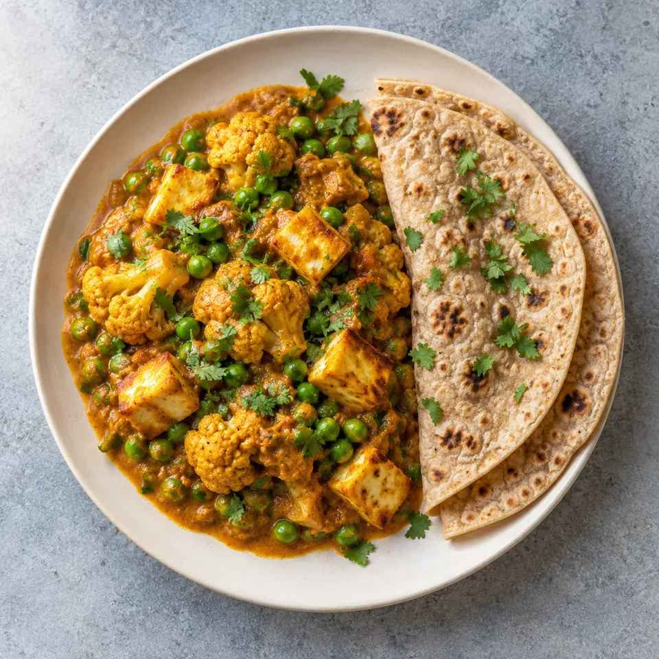 Gobi matar paneer et chapatis chauds : chou-fleur, paneer doré et petits pois dans une sauce crémeuse, accompagnés de pains plats et de coriandre.