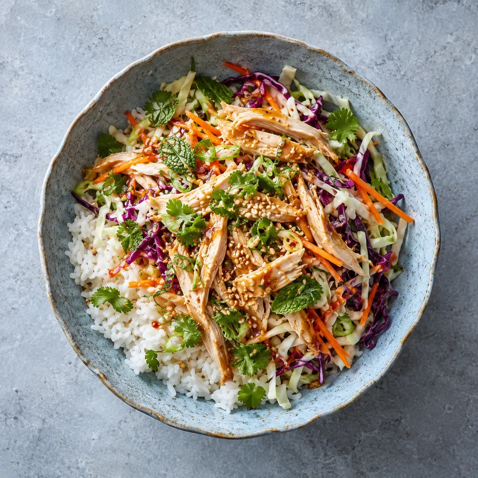 Gỏi gà, salade vietnamienne au poulet et riz dans un bol bleu-gris, garnie de sésame et herbes.