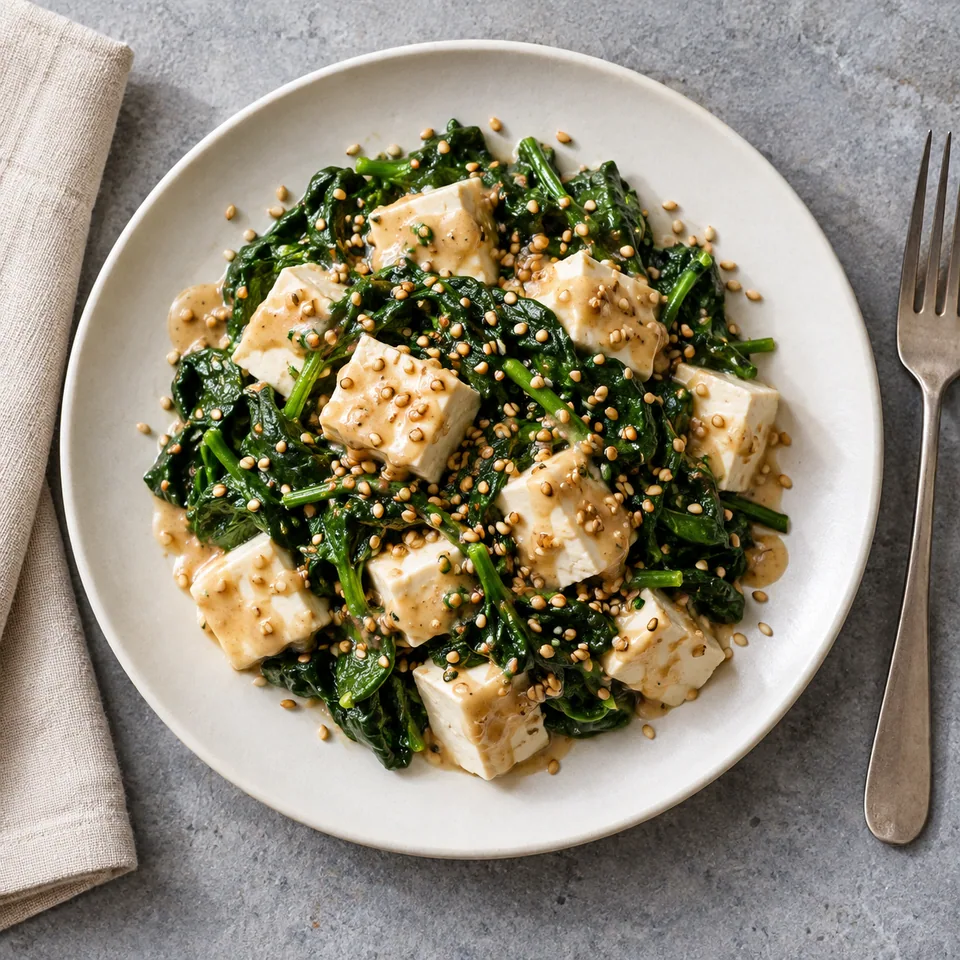 Gomae d'épinards et tofu soyeux sur assiette blanche, garni de sésame grillé doré.