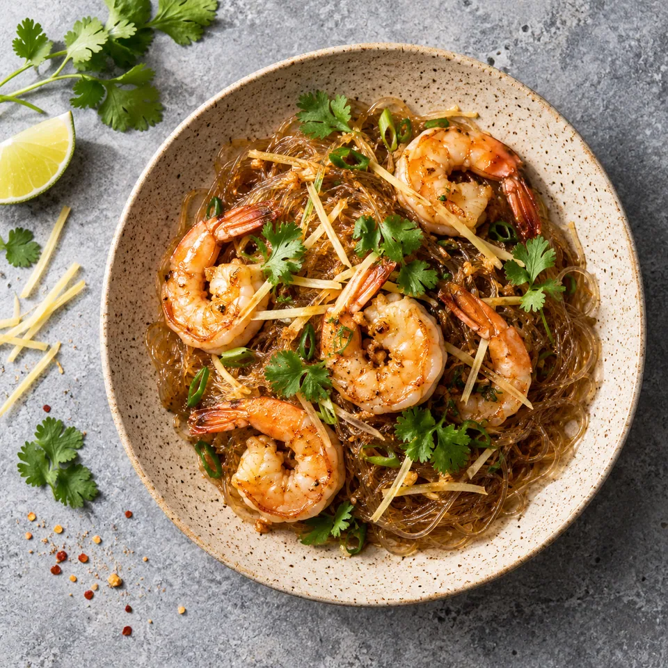 Goong ob woon sen : crevettes roses et vermicelles brillants sur une assiette beige, parsemés de coriandre verte et gingembre.