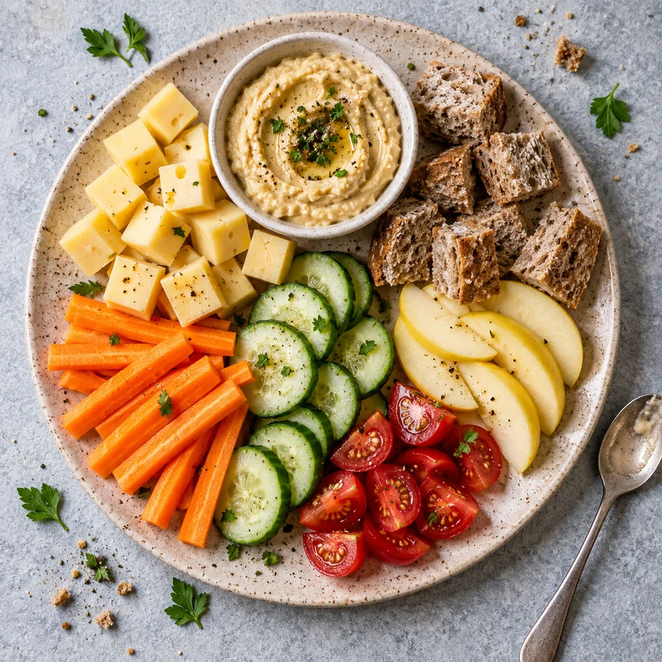 Goûter salé à picorer : cubes de fromage, bâtonnets de carotte, tranches de concombre, tomates cerises, pommes et pain complet sur une assiette en grès beige avec houmous.