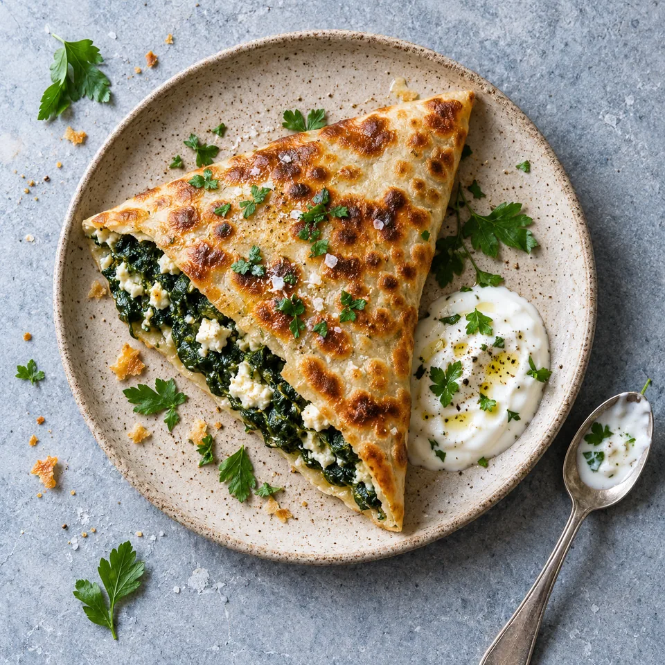 Gözleme aux épinards et à la feta : une part triangulaire dorée et croustillante sur une assiette beige.
