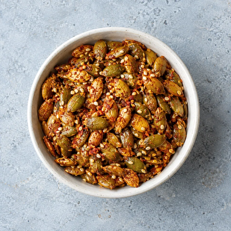 Graines de courge grillées au sésame et au piment dans un petit bol blanc cassé, dorées et épicées.
