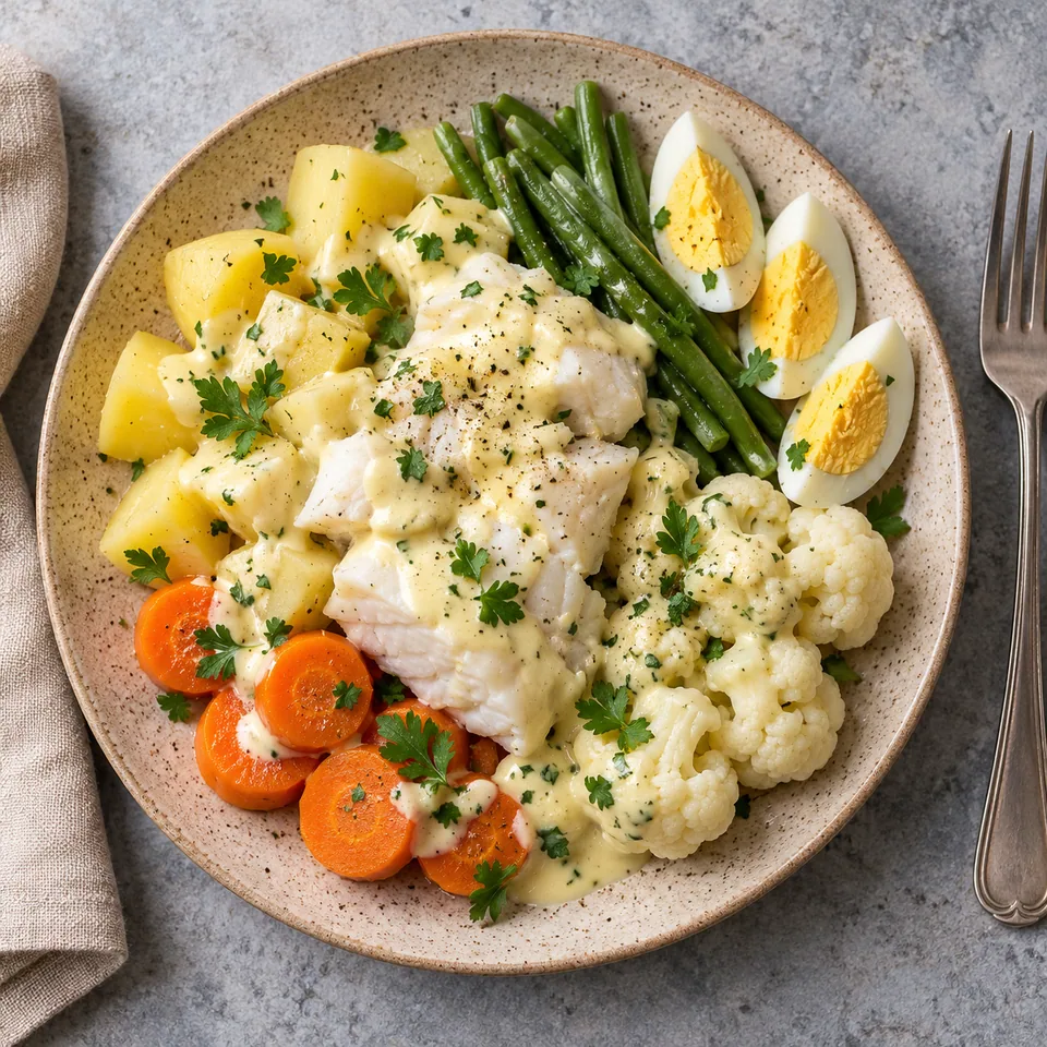 Assiette de grand aïoli : cabillaud, pommes de terre, carottes, haricots verts, chou-fleur et œufs durs nappés de sauce aïoli.
