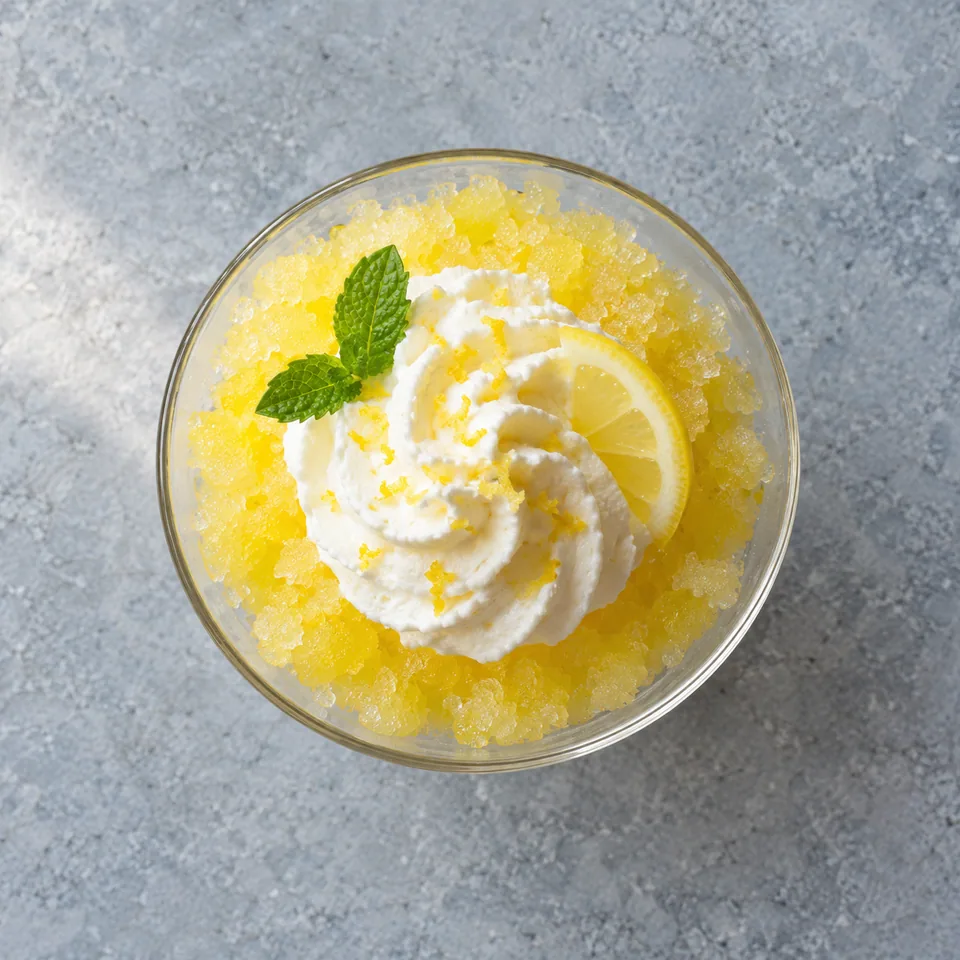 Granité citron et chantilly : glace jaune cristalline dans une coupe, surmontée d'une cuillerée de chantilly blanche.