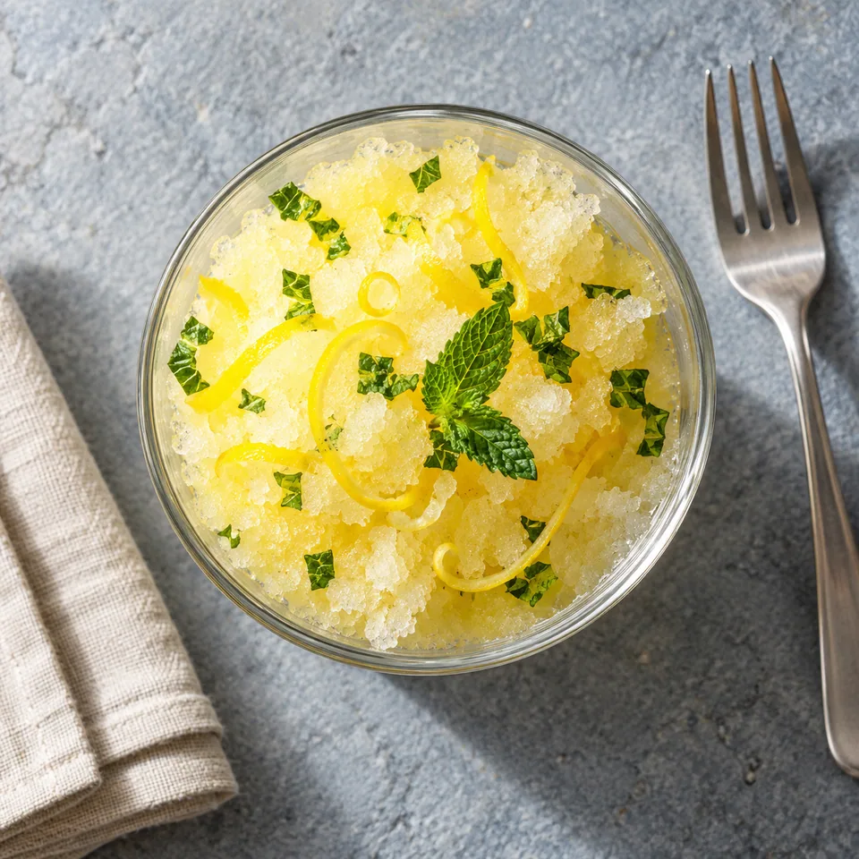 Granité au citron servi dans une verrine, avec des cristaux brillants, du zeste jaune et de la menthe verte.