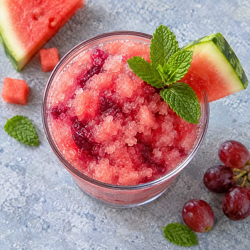 Granité de pastèque au raisin rouge dans un grand verre transparent, garni de menthe et d'une tranche de pastèque.
