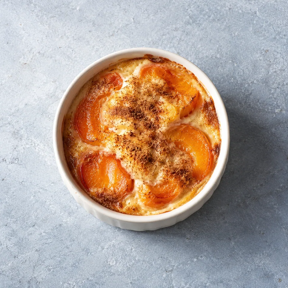 Gratin d’abricots à la cannelle : demi-abricots dorés nappés d'une crème légère et aérienne dans des ramequins.