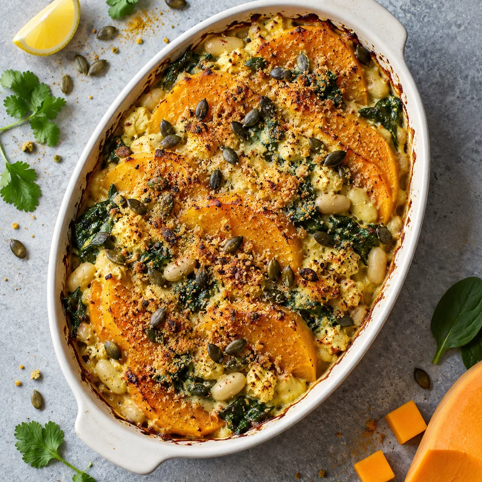 Gratin de butternut au curry et haricots blancs dans un plat ovale blanc cassé, doré et croustillant.