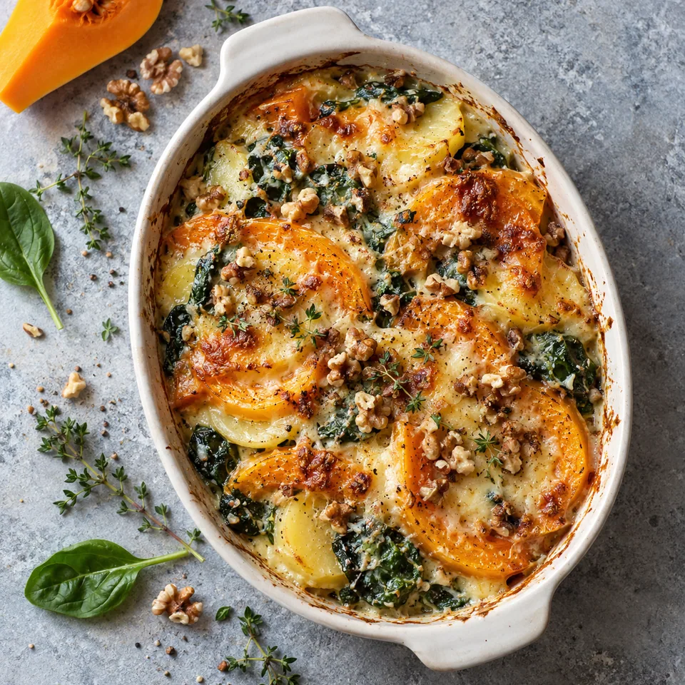 Gratin de butternut, épinards et noix : portion dorée et gratinée avec noix concassées dans un plat ovale blanc cassé.