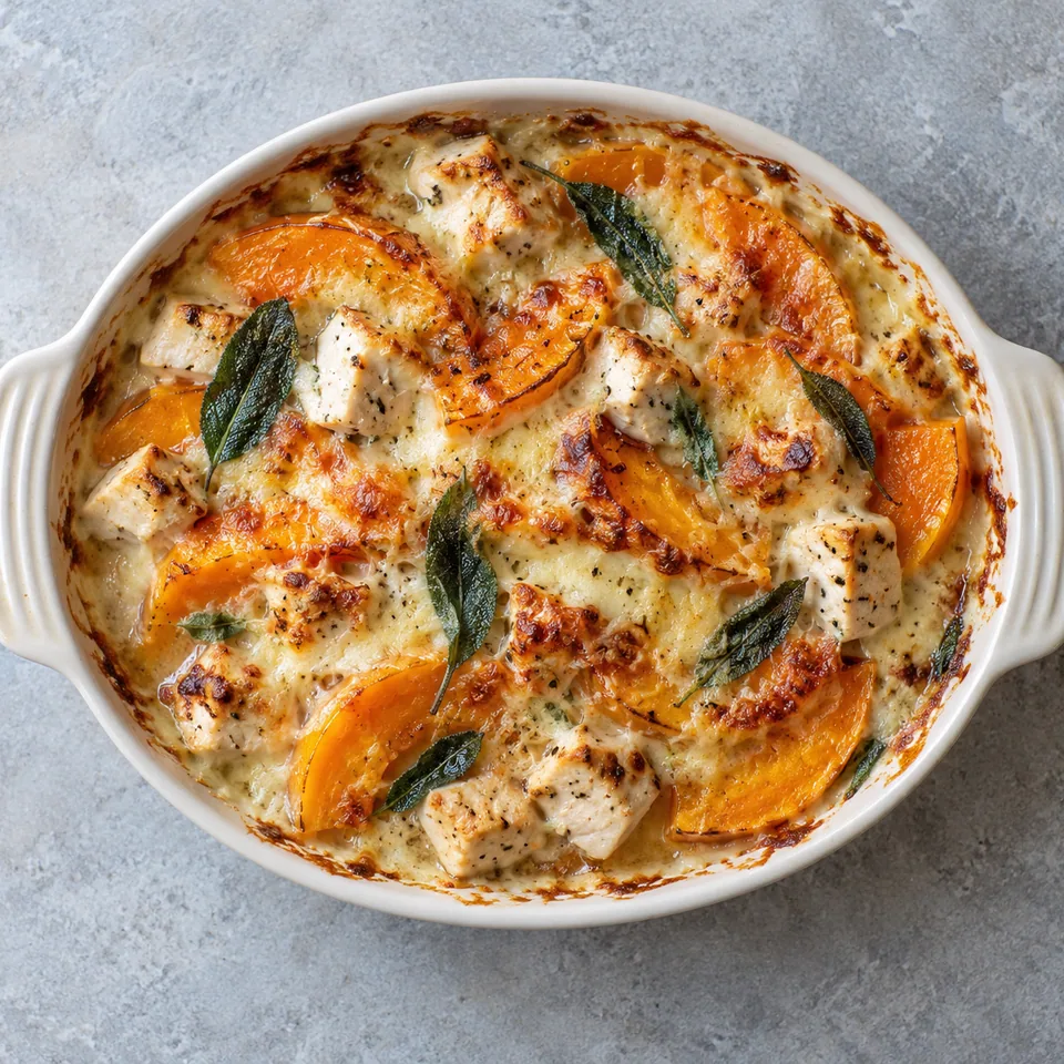 Gratin de butternut, poulet et sauge : portion dans un plat blanc, sauce crémeuse et emmental doré.