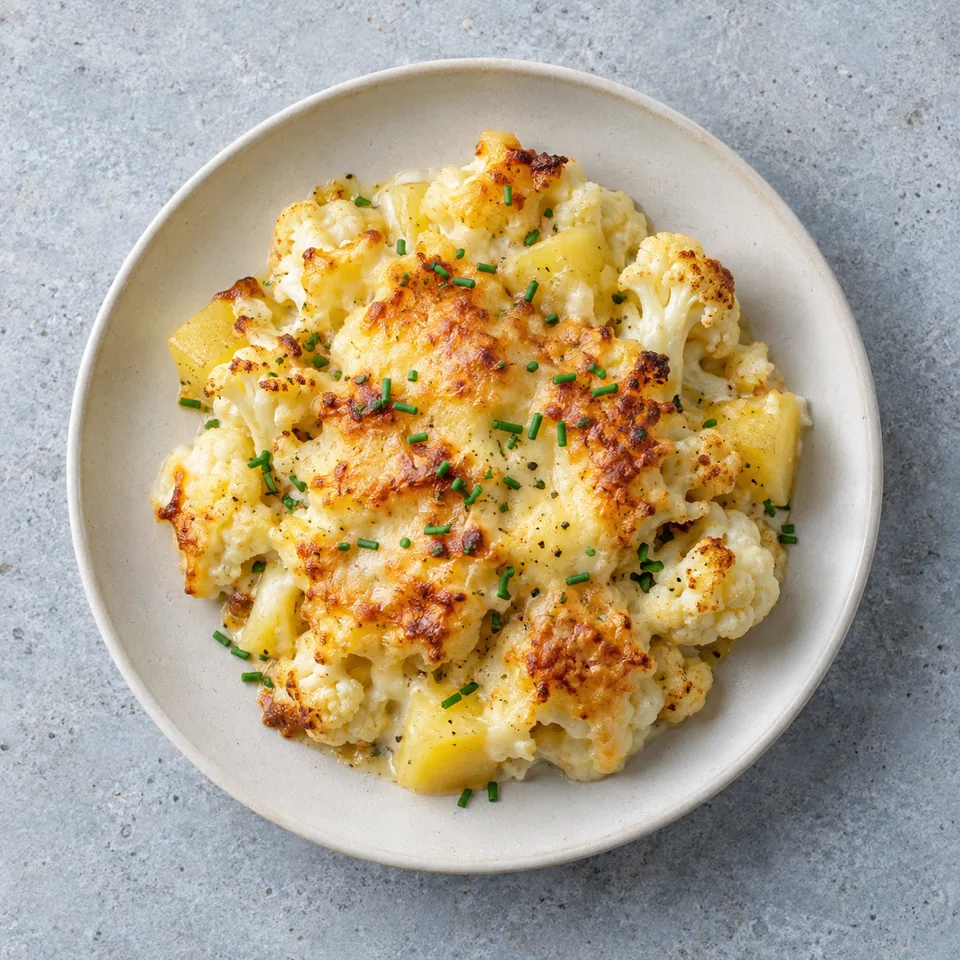 Gratin de chou-fleur au fromage végétarien : portion dorée avec bouquets de chou-fleur et morceaux de pommes de terre.