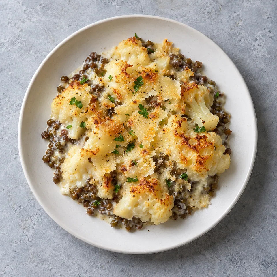 Portion de gratin de chou-fleur aux lentilles, sauce crémeuse et copeaux de fromage dorés.