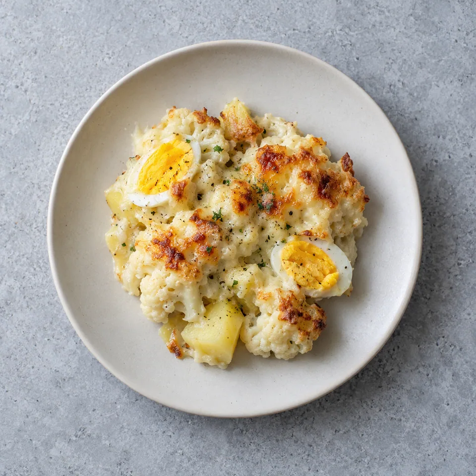 Gratin de chou-fleur, pommes de terre et œufs : une portion crémeuse, avec demi-œufs visibles et fromage légèrement doré.