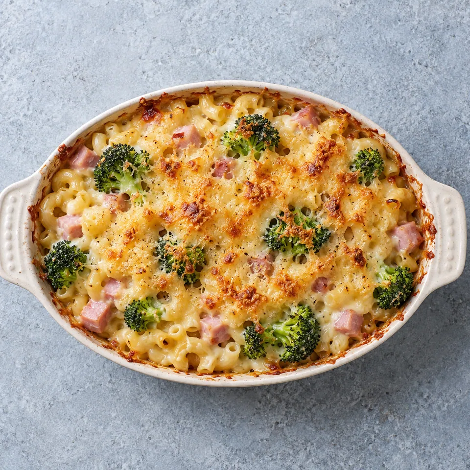 Gratin de coquillettes, jambon et brocoli : portion dorée et croustillante dans un plat ovale blanc.