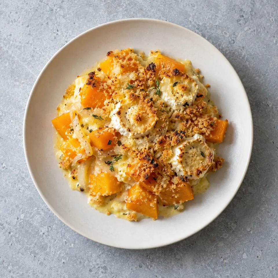Gratin de courge au chèvre : portion dorée avec dés de courge et oignon dans une crème, recouverte de chapelure.
