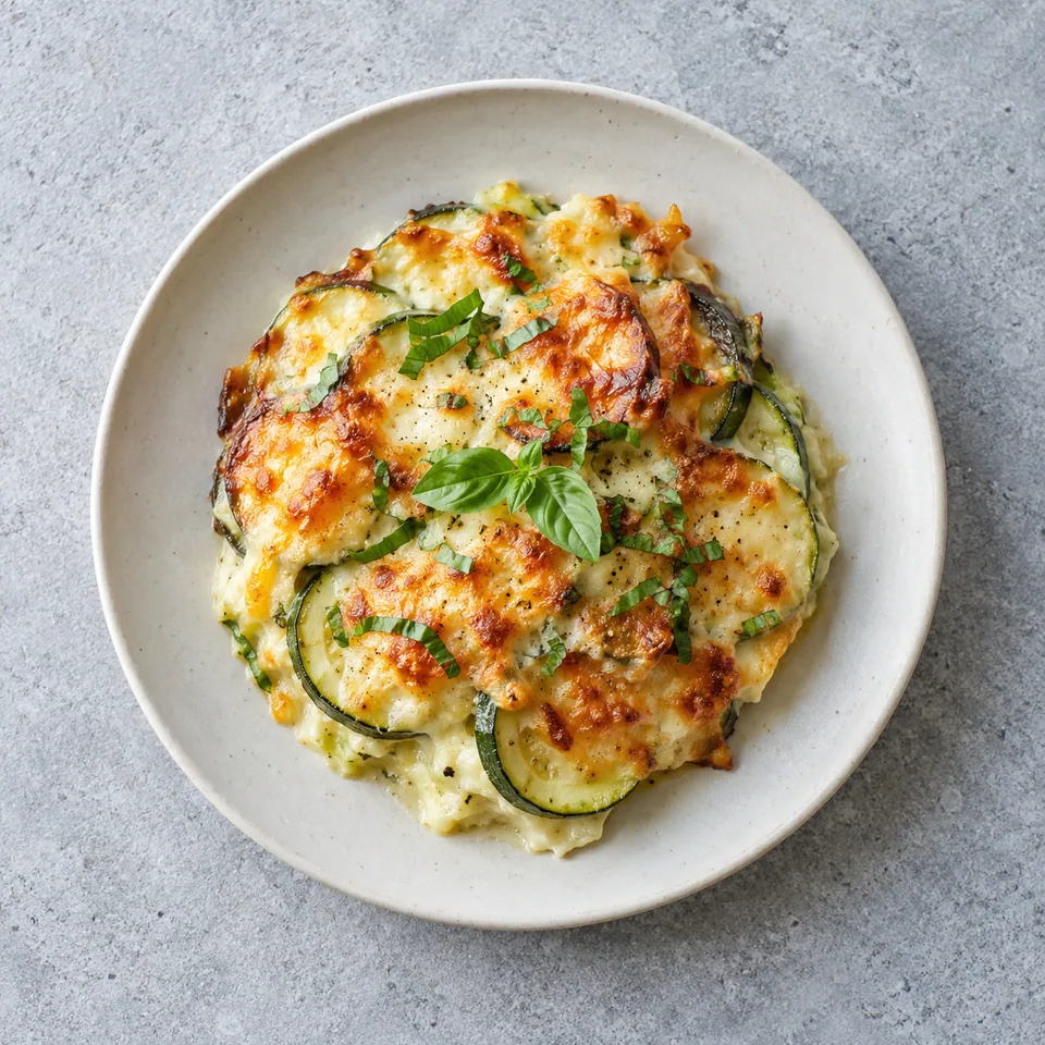 Gratin de courgettes au fromage : rondelles de courgettes nappées de sauce crémeuse et dorée, parsemées de basilic.