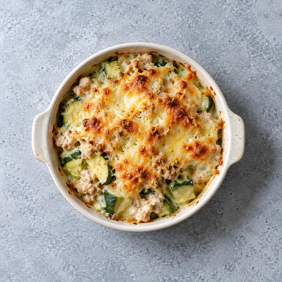 Gratin de courgettes et de dinde : morceaux de courgette et dinde hachée sous une béchamel, avec emmental doré.