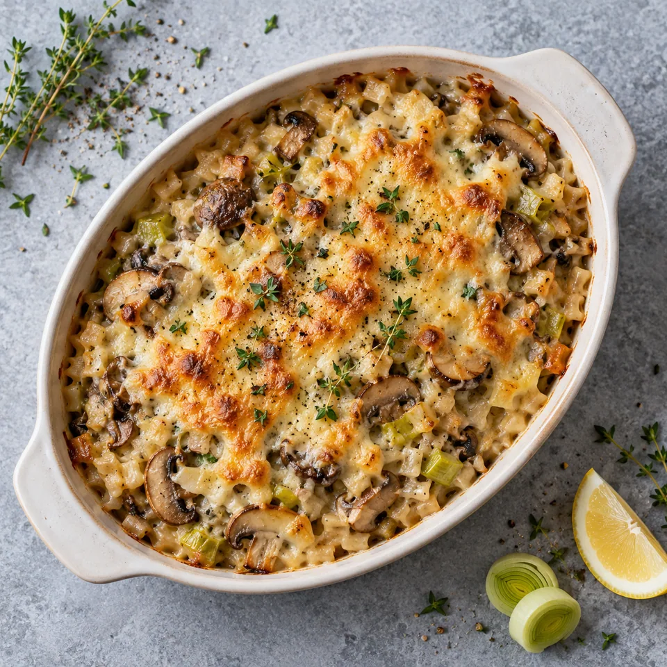 Gratin de crozets aux champignons et poireaux : portion dorée et croustillante dans un plat blanc.
