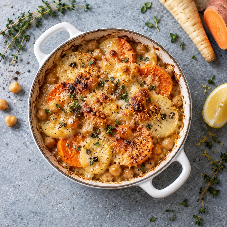 Gratin de panais, patate douce et pois chiches dans une cocotte blanche, sauce crémeuse et fromage doré.