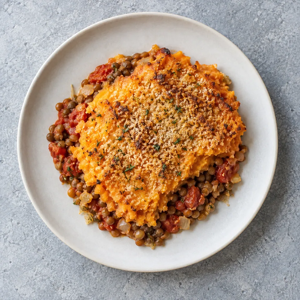 Gratin de patate douce aux lentilles, portion à croûte dorée, purée orange et lentilles aux tomates visibles sur les bords.