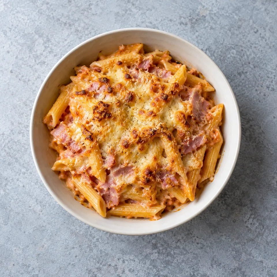 Portion de gratin de pâtes au jambon avec penne, sauce tomate-crème et croûte dorée.