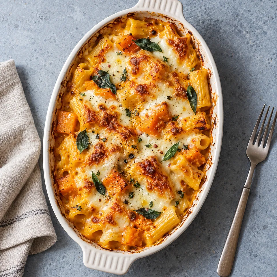 Gratin de pâtes au potiron et à la mozzarella : pâtes orange nappées, mozzarella fondue et dorée.