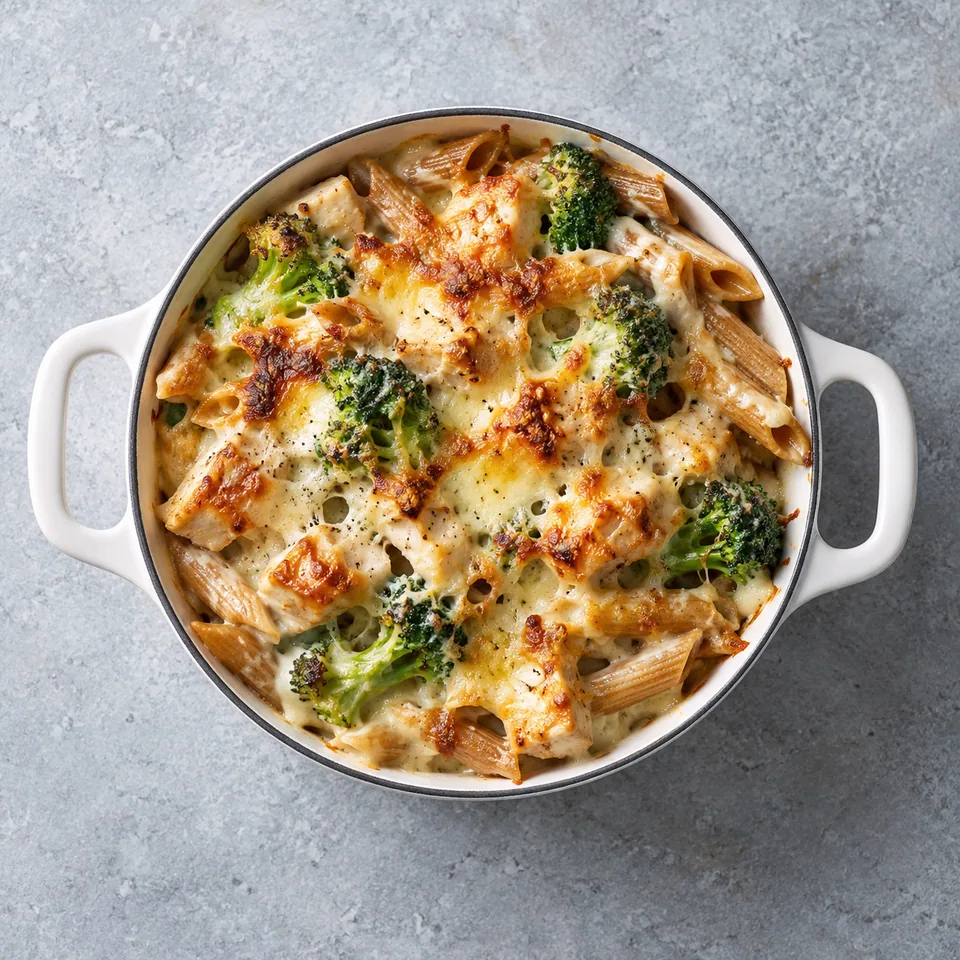 Gratin de pâtes au poulet, brocoli et comé : portion généreuse dans une cocotte blanche, sauce crémeuse, comté doré et croustillant.