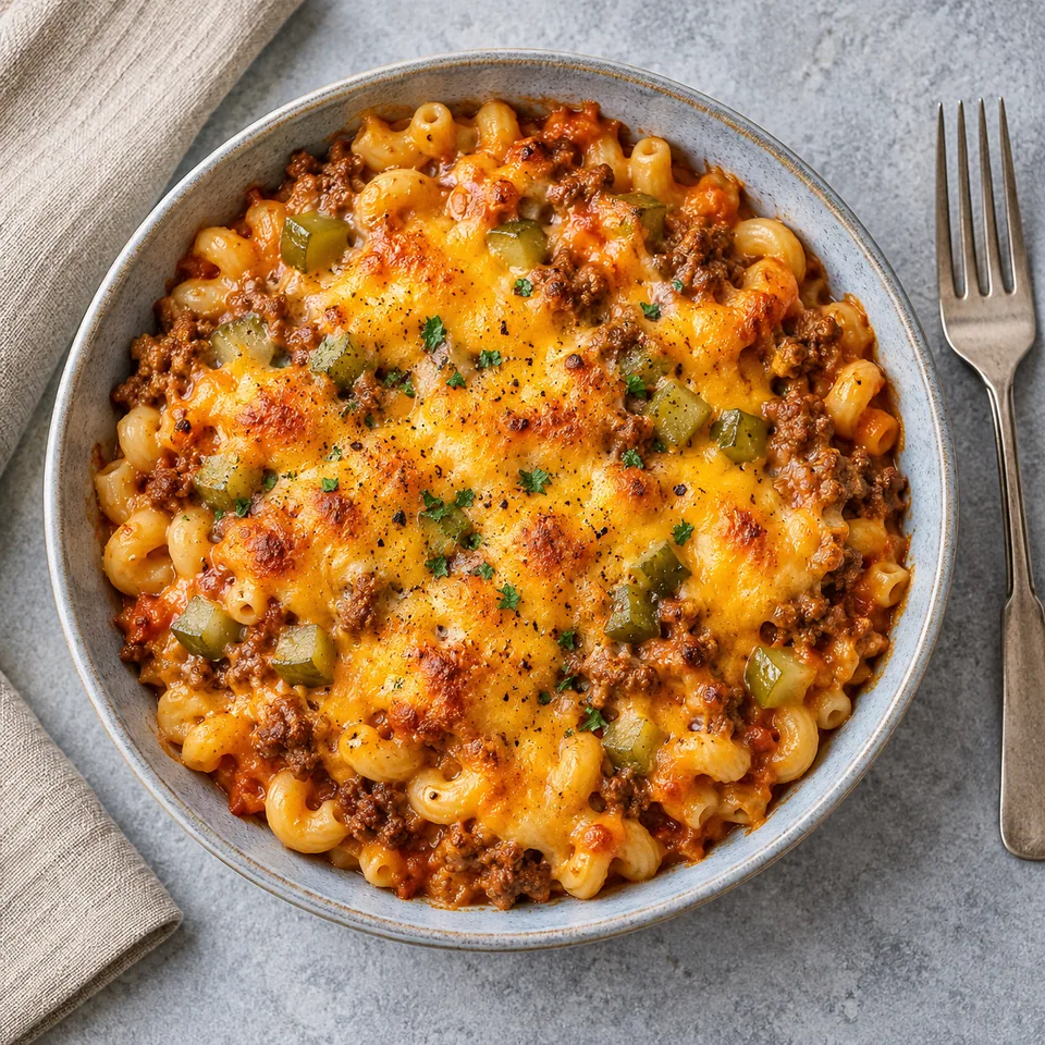 Gratin de pâtes façon cheeseburger : coquillettes sauce tomate, bœuf haché, cornichons et cheddar gratiné doré dans une assiette creuse.